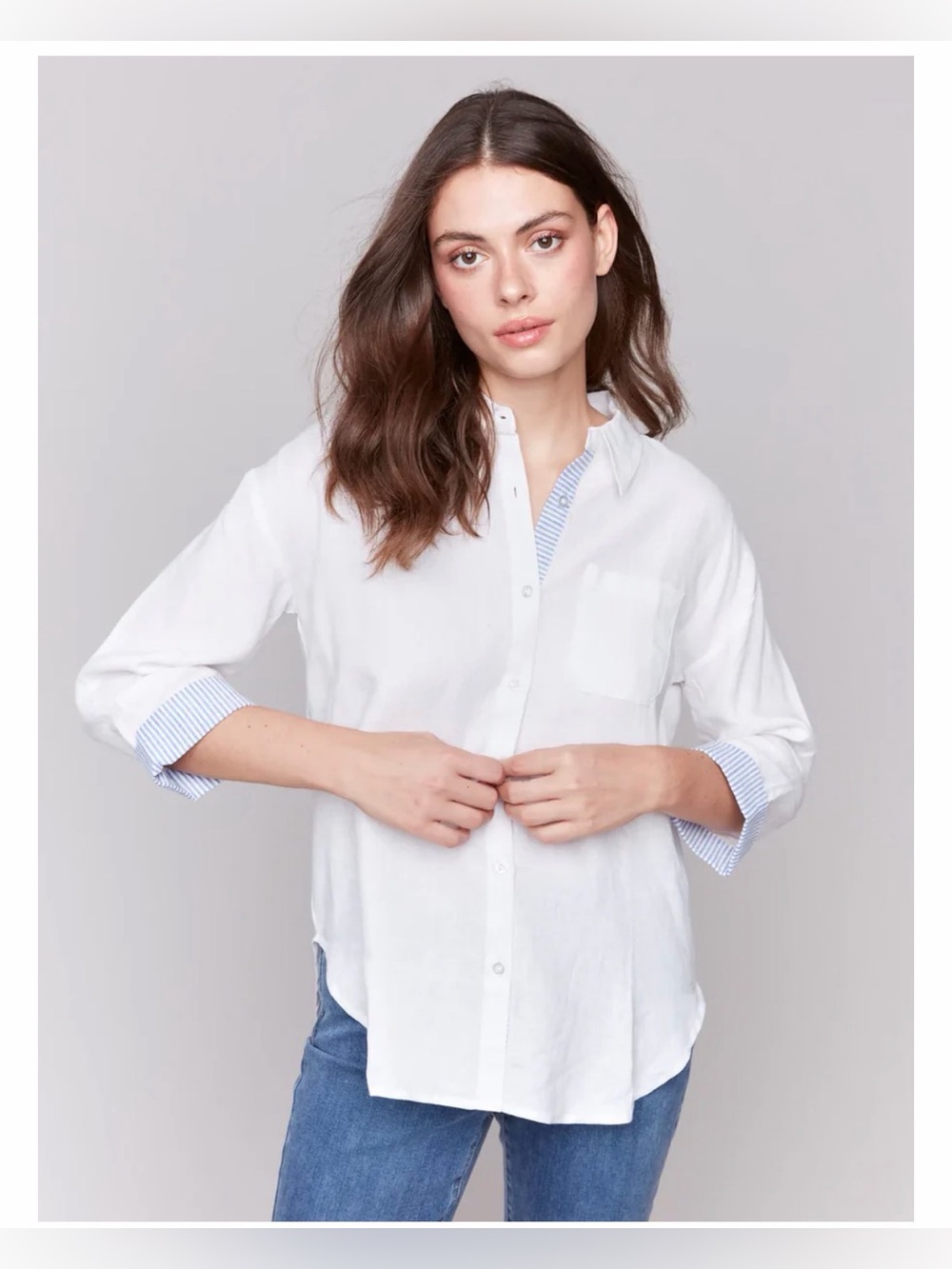 CHARLIE B White linen Button-Down Shirt with Blue Stripe Trim top size S small